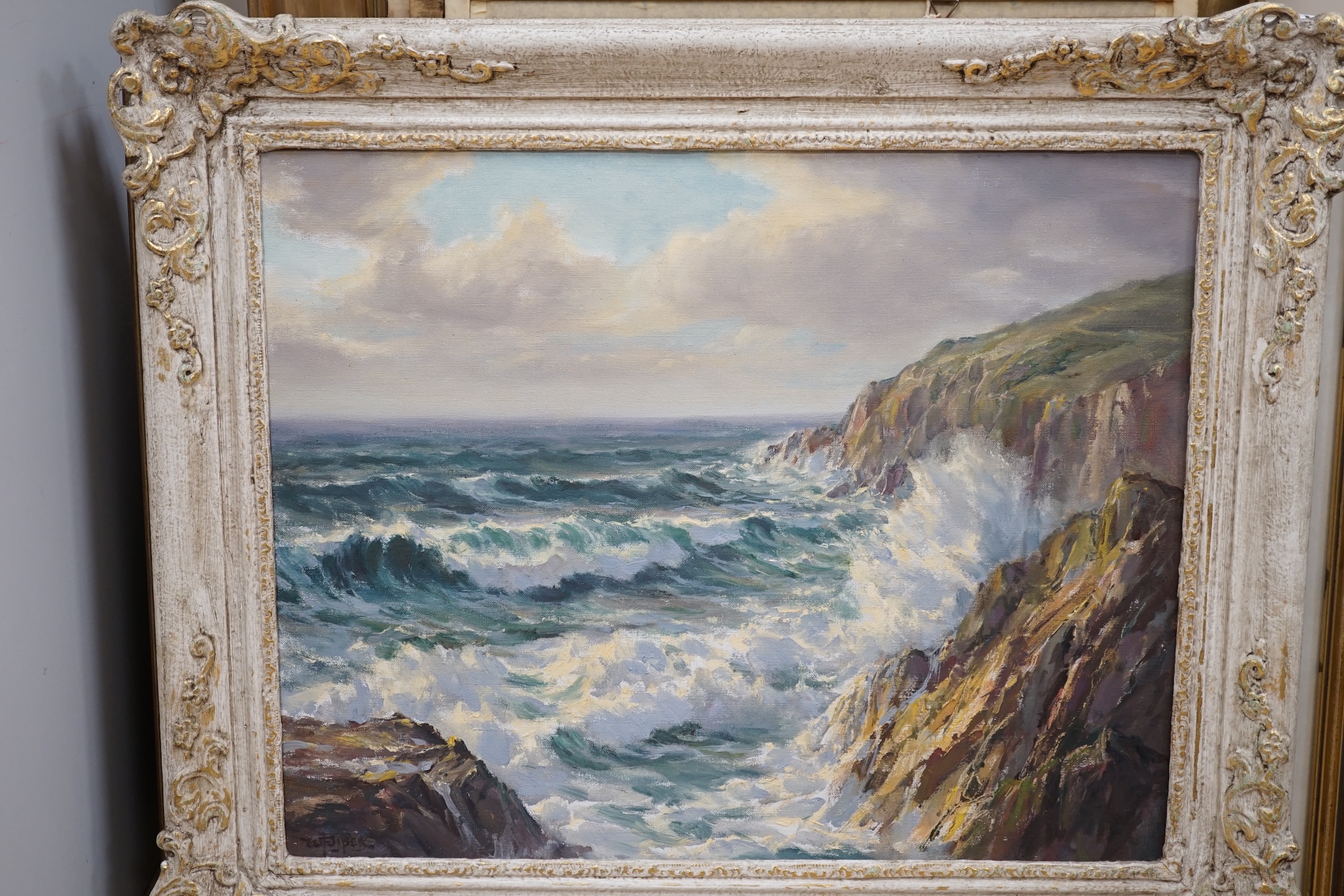 William F. Piper (1930-1967), oil on canvas, 'Incoming tide, Newquay’, signed, inscribed label verso, 39 x 49cm, ornate framed. Condition - good